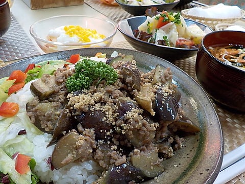 味噌をベースに味付けをした茄子味噌丼です！