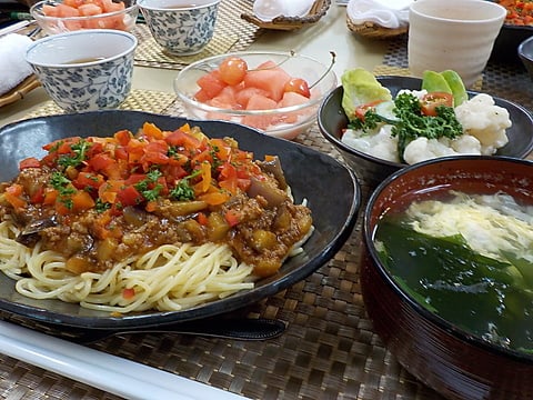 挽肉たっぷり、茄子のミートスパゲッティです！