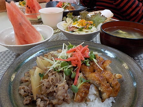 スタミナバッチリ、うな牛丼です！