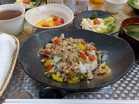 彩り野菜の生姜焼き丼です♡