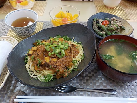 だんち特製、ナスたっぷりミートスパゲッティです！